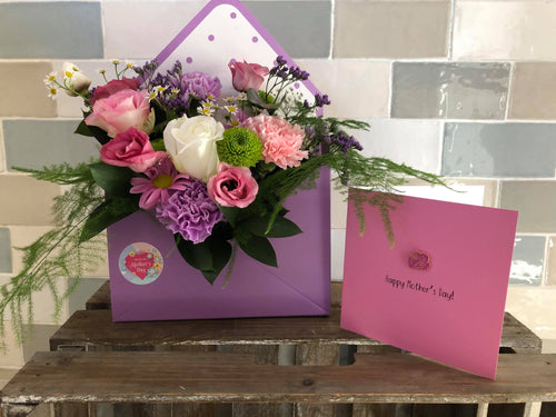 Mother's Day Envelope Flower Arrangement and Keepsake Pin Badge Greeting Card